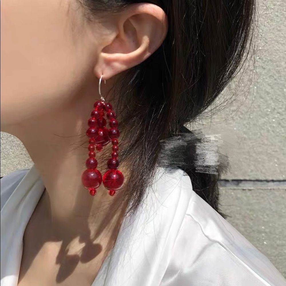 shushu tong style crystal embellished ball red drop earrings